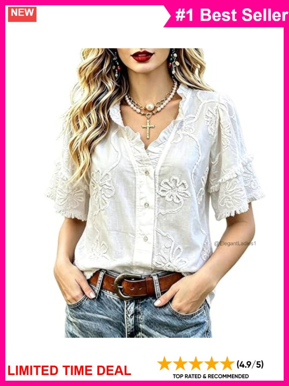 Boho Floral Embroidered Cotton Blouse Frayed Hem Short Sleeve